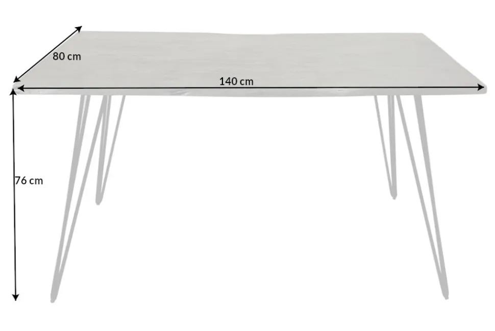 Massivholz Esstisch SCORPION 140cm grau Akazie Baumkante schwarze Metallbeine Hairpin Legs