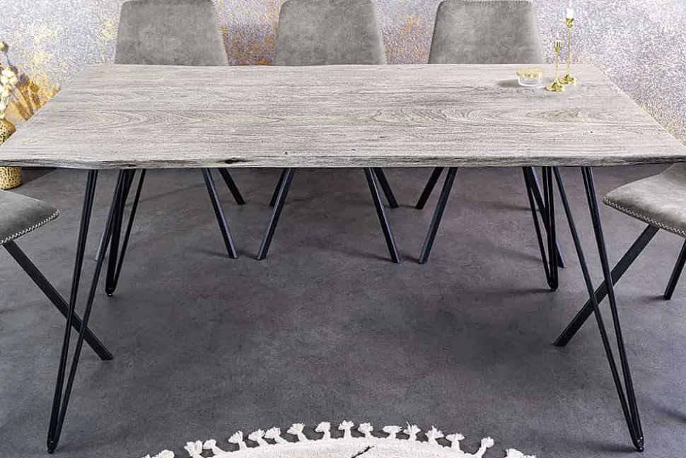 Massivholz Esstisch SCORPION 140cm grau Akazie Baumkante schwarze Metallbeine Hairpin Legs
