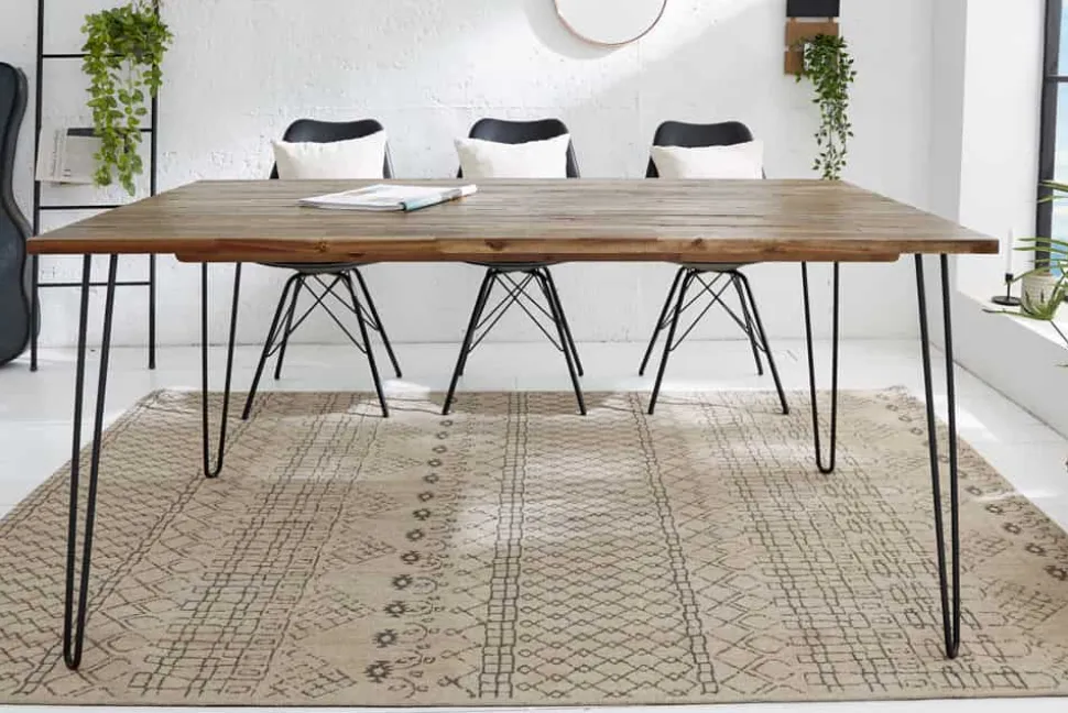 Massivholz Esstisch SCORPION 160cm braun Akazie schwarze Metallbeine Hairpin Legs Retro