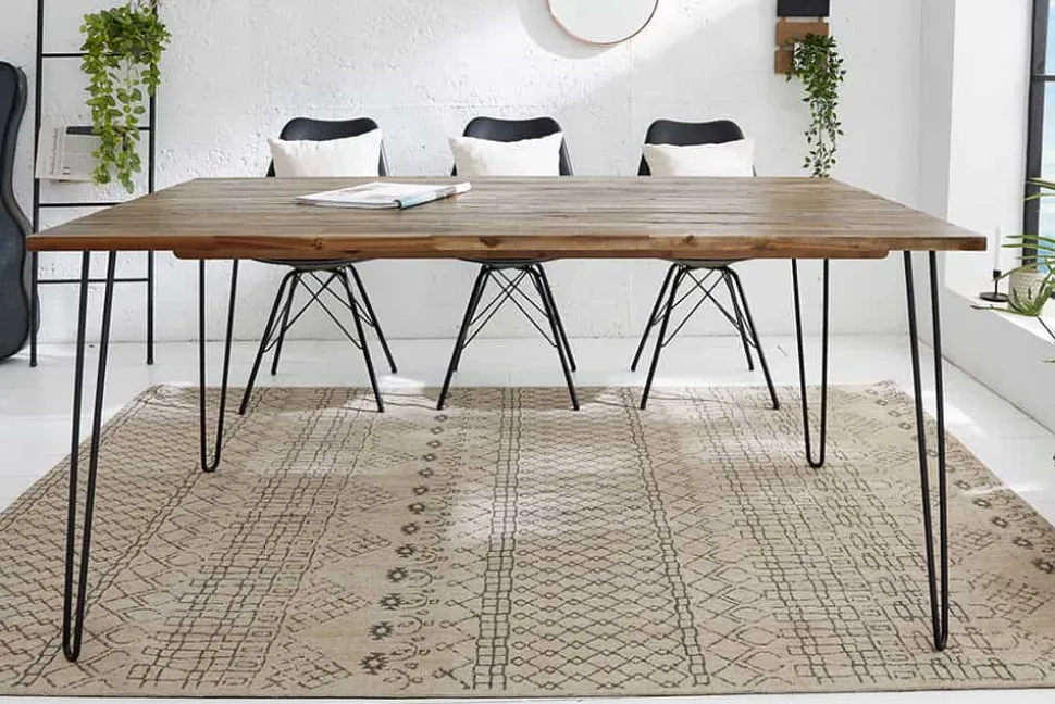 Massivholz Esstisch SCORPION 180cm braun Akazie schwarze Metallbeine Hairpin Legs Retro