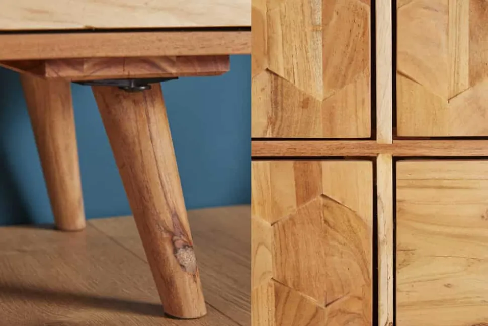 Massivholz Highboard MYSTIC LIVING 140cm Akazie natur Vitrine 3D-Oberfläche