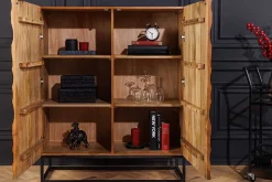 Massivholz Highboard VULCANO 120cm braun Mangoholz mit 3D Schnitzereien handmade Metallgestell schwarz