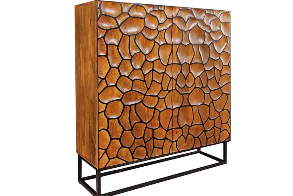 Massivholz Highboard VULCANO 120cm braun Mangoholz mit 3D Schnitzereien handmade Metallgestell schwarz
