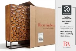 Massivholz Highboard VULCANO 120cm braun Mangoholz mit 3D Schnitzereien handmade Metallgestell schwarz