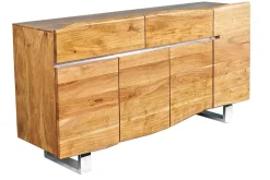 Massivholz Sideboard MAMMUT 170cm Akazie Baumkante mit Schubladen Kufengestell Edelstahl