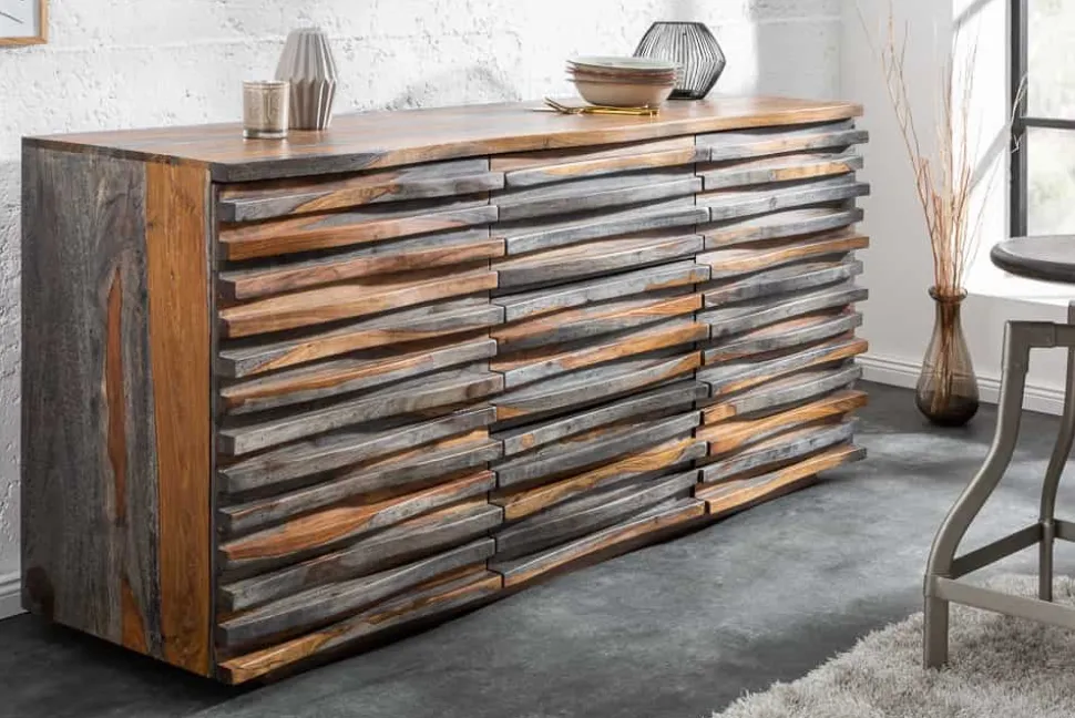 Massivholz Sideboard RELIEF 160cm Sheesham grau smoke finish Kommode mit Schubladen