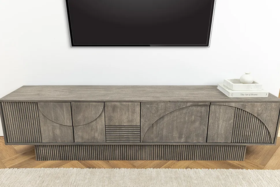 Massivholz TV-Lowboard ART DECO 200cm grau smoked Mangoholz 3D-Front