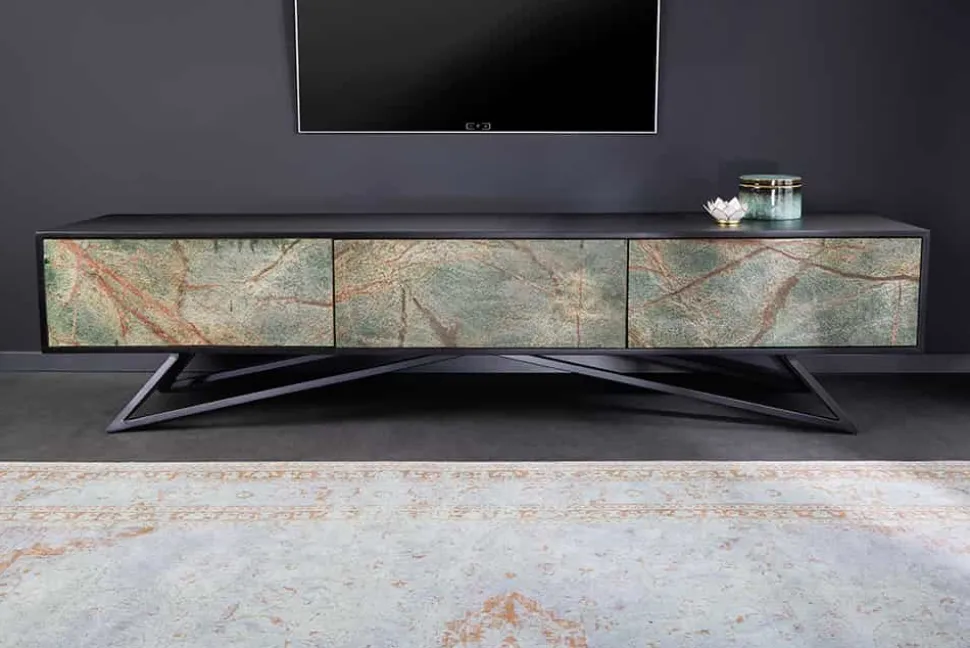 Massivholz TV Lowboard MOUNTAIN SOUL 200cm echter Naturstein Akazie schwarz hängend / stehend