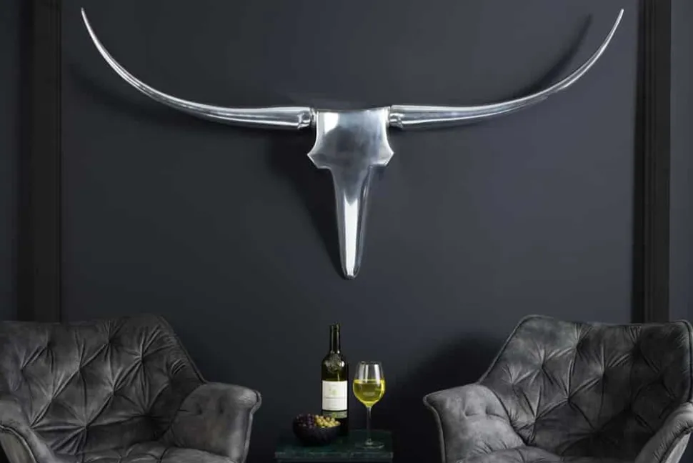 Moderne Design Wanddekoration BULL XL 120cm silber Aluminium Stierkopf