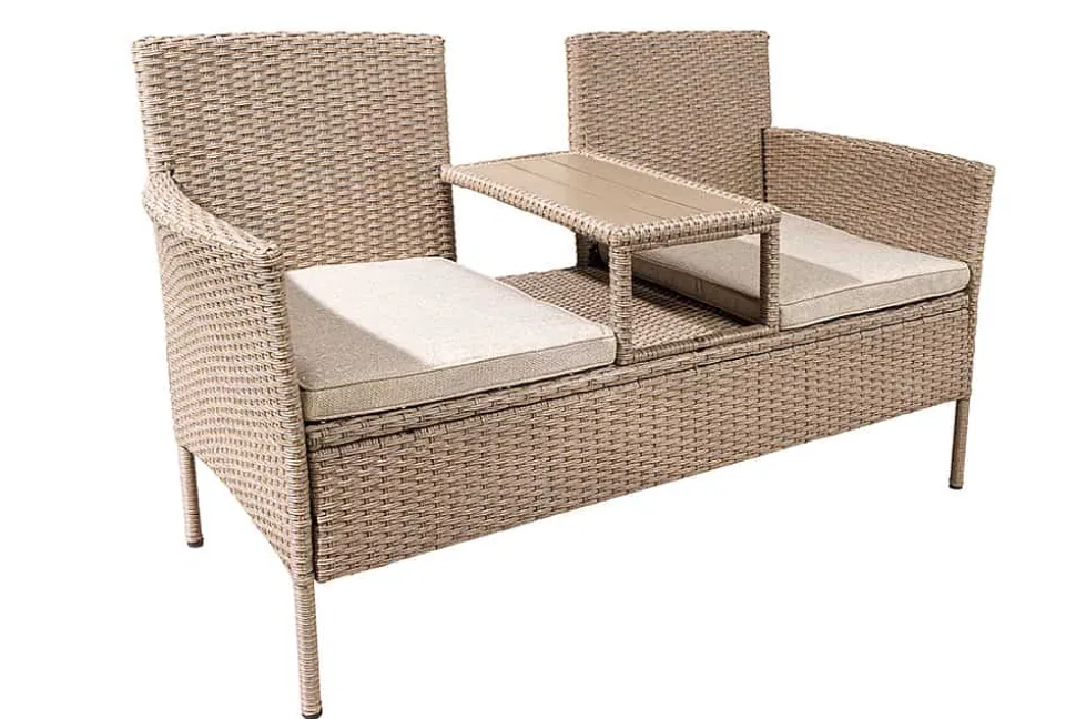 Moderne Gartenbank PORTOFINO 140cm natur beige Polyrattan Sitzbank mit Tisch wetterfest
