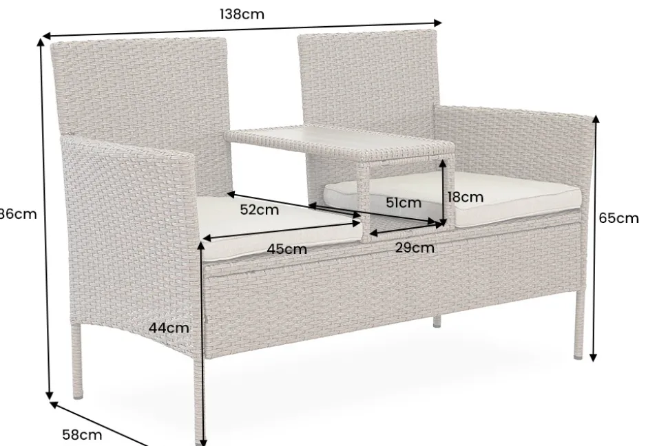Moderne Gartenbank PORTOFINO 140cm grau Polyrattan Outdoor Sitzbank mit Tisch wetterfest