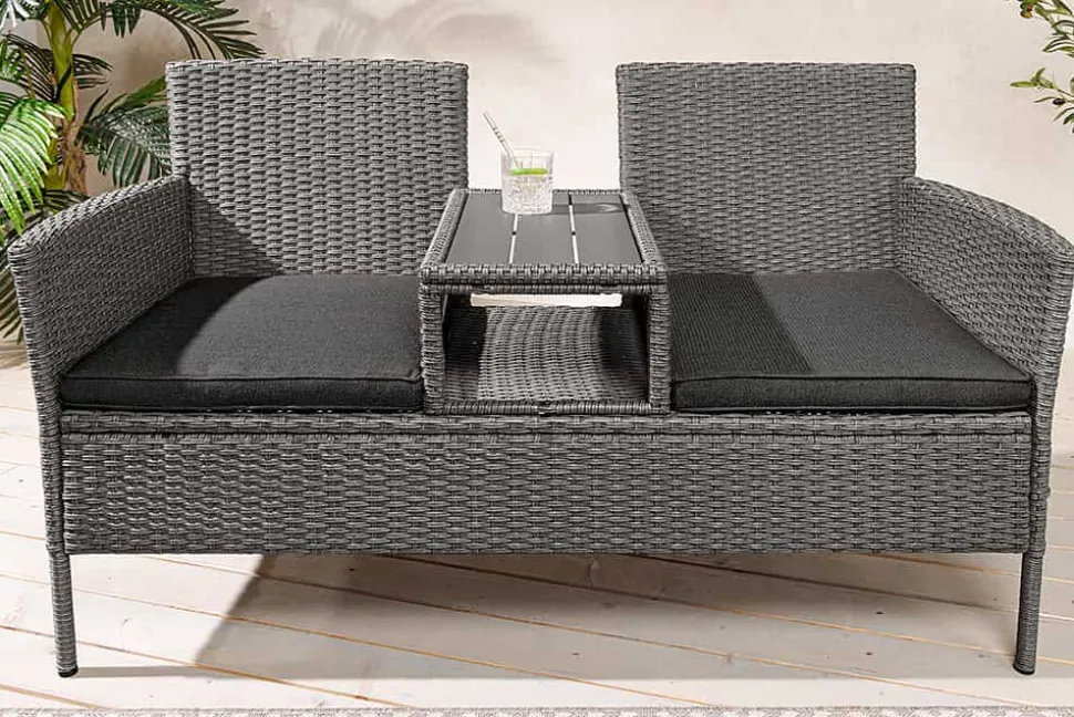 Moderne Gartenbank PORTOFINO 140cm grau Polyrattan Outdoor Sitzbank mit Tisch wetterfest