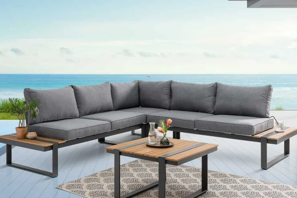 Moderne Garten Sitzgruppe TAMPA LOUNGE 240cm grau Aluminium wetterfest inkl. Sitzkissen