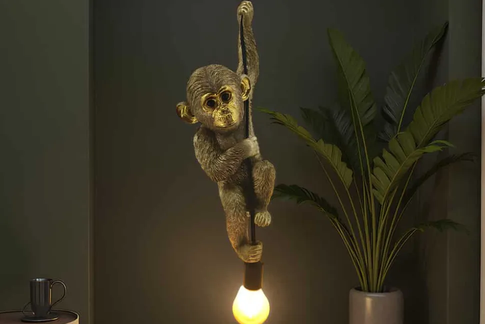 Moderne Hängelampe MONKEY 55cm gold Affen-Skulptur handmade