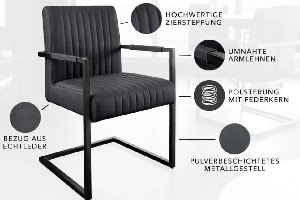 Moderner Freischwinger Stuhl BIG ASTON Echtleder schwarz Taschenfederkern Metall
