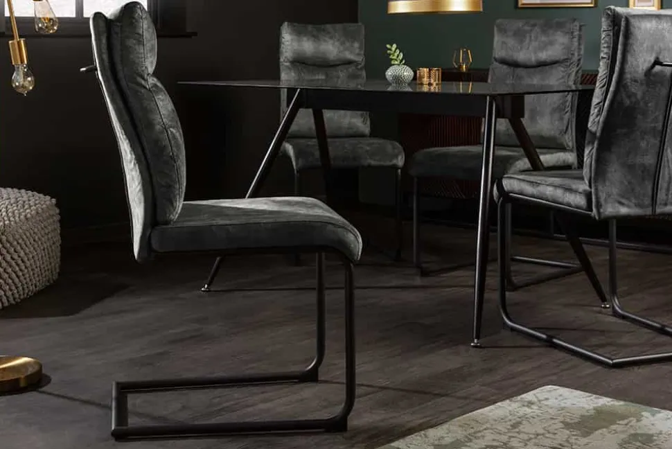 Moderner Freischwinger Stuhl COMFORT grün Samt mit Komfortgriff