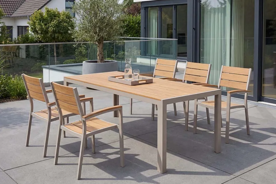 Moderner Gartentisch DESIGNO 205cm natur greige Aluminium wetterfest Outdoor-Esstisch