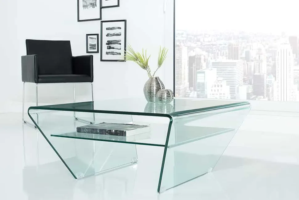 Moderner Glas Couchtisch FANTOME 70cm Trapez mit Ablage transparent
