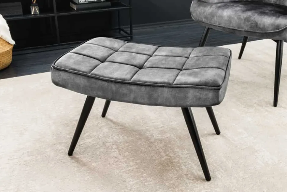 Moderner Hocker SCANDINAVIA grau Samt schwarze Metallbeine Fußhocker