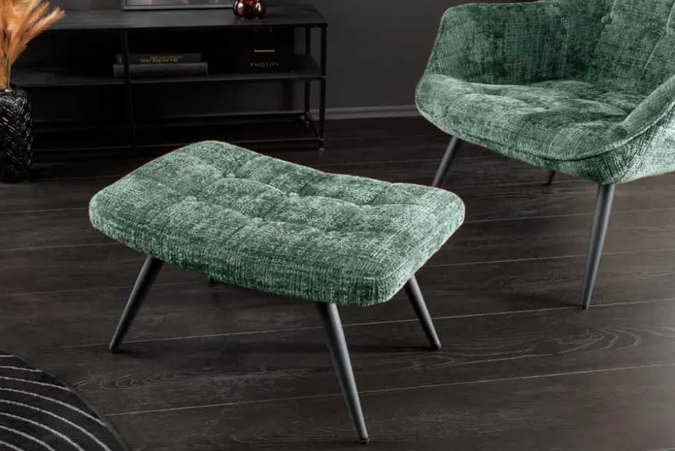 Moderner Hocker SCANDINAVIA grün Chenille Cremona Metallbeine Fußhocker
