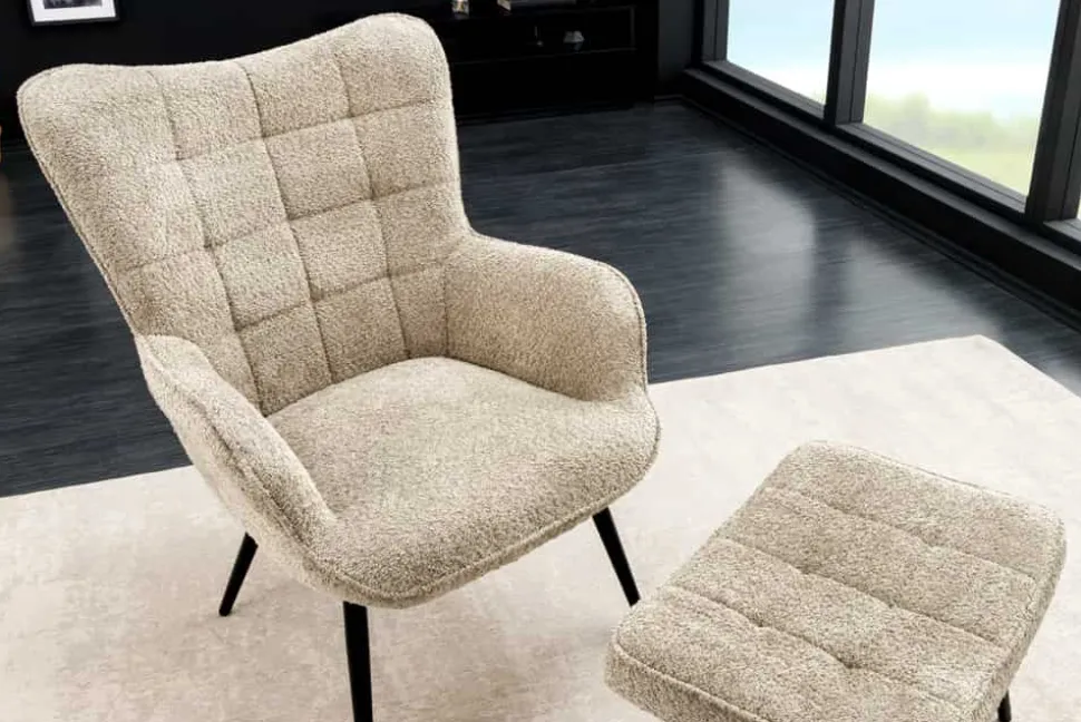 Moderner Sessel SCANDINAVIA champagner greige Bouclé mit Armlehnen