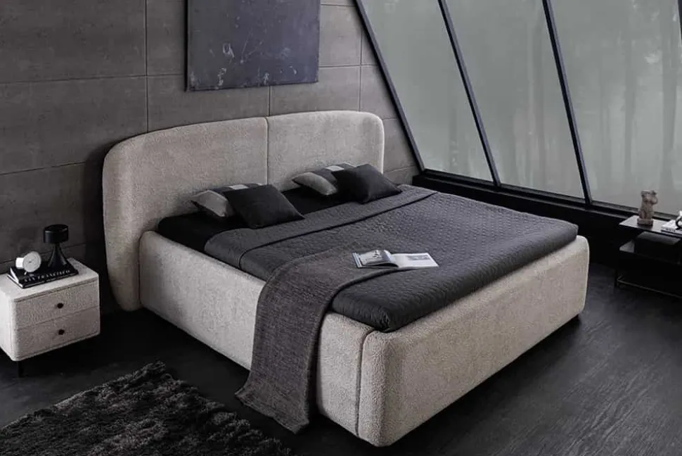 Modernes Boxbett ART DECO 180x200cm greige Bouclé mit Stauraum und Lattenrost