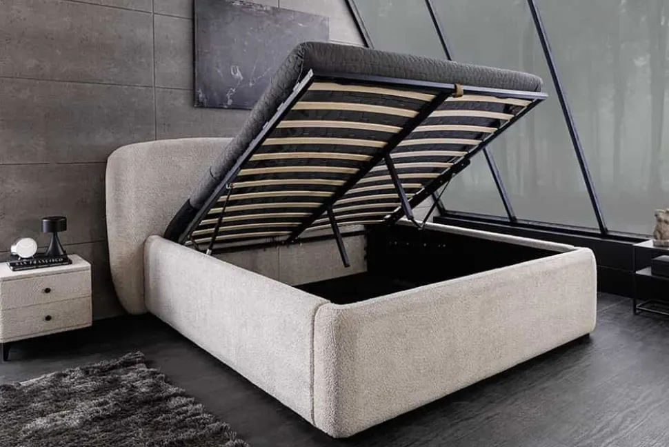 Modernes Boxbett ART DECO 180x200cm greige Bouclé mit Stauraum und Lattenrost