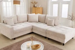 Modernes Ecksofa KENT 220cm champagner beige Chenille Cremona Federkern Wohnlandschaft mit Hocker