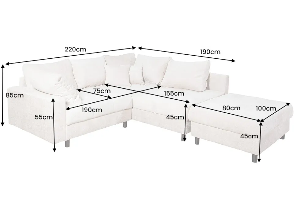 Modernes Ecksofa KENT 220cm champagner beige Chenille Cremona Federkern Wohnlandschaft mit Hocker