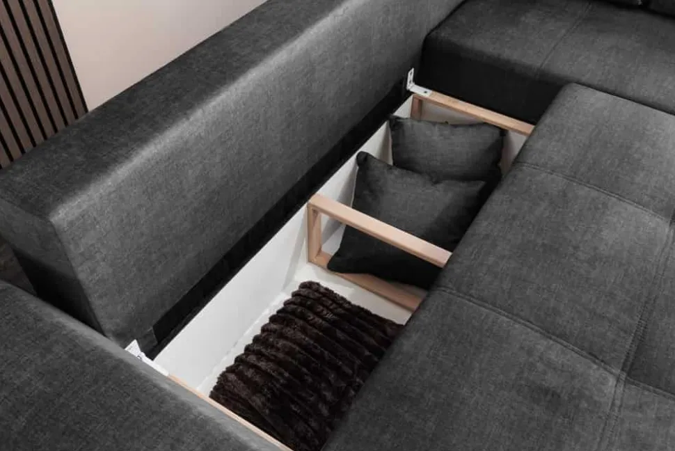 Modernes Ecksofa NORWAY 250cm grau Vogue Velours Samt Schlafsofa mit Stauraum