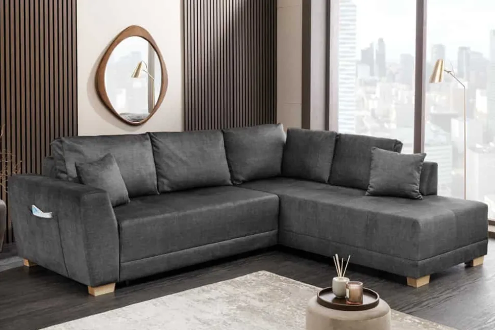 Modernes Ecksofa NORWAY 250cm grau Vogue Velours Samt Schlafsofa mit Stauraum