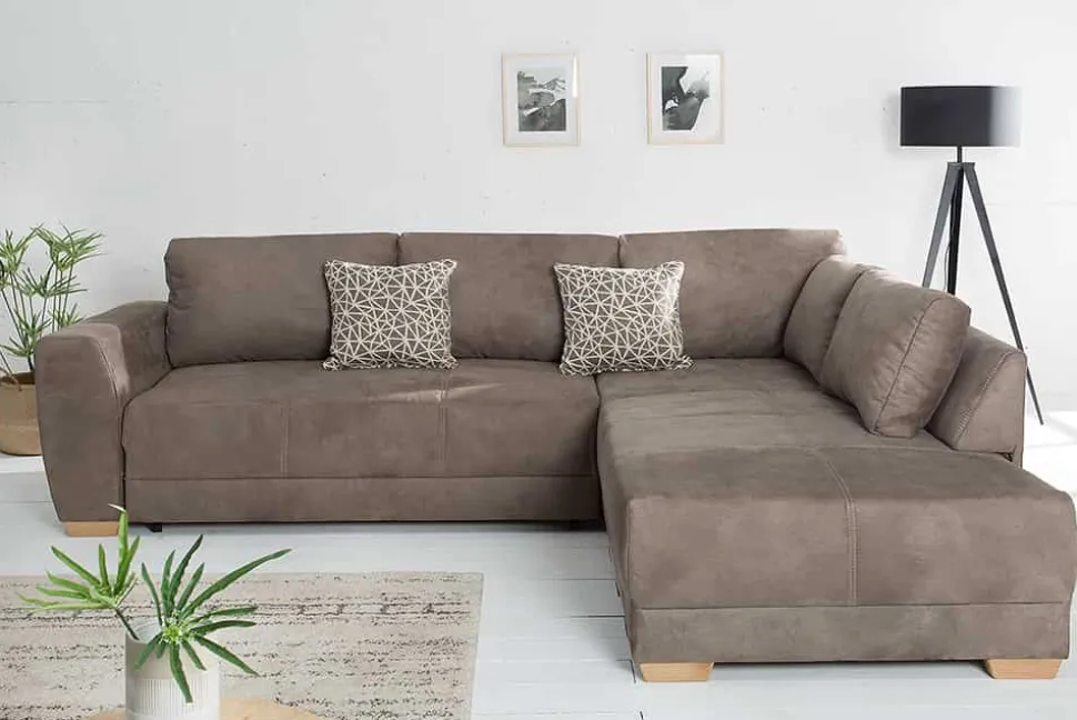 Modernes Ecksofa NORWAY 250cm taupe Microfaser Schlafsofa mit Bettkasten Federkern
