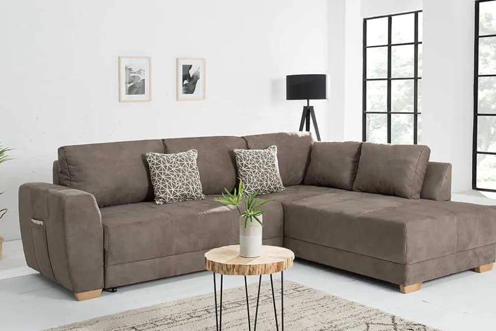 Modernes Ecksofa NORWAY 250cm taupe Microfaser Schlafsofa mit Bettkasten Federkern