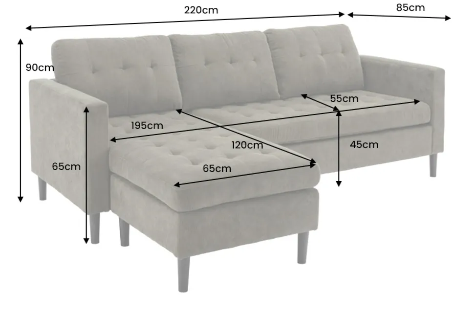 Modernes Ecksofa STOCKHOLM 220cm grau Cordstoff Federkern 3-Sitzer-Sofa