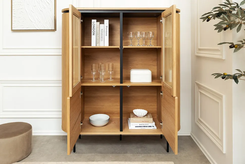 Modernes Highboard ATELIER 140cm natur Eiche schwarz Metall sechs Fächer