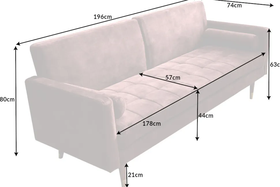 Modernes Schlafsofa COUTURE 200cm altrosa Microvelours 3-Sitzer Couch mit Schlaffunktion