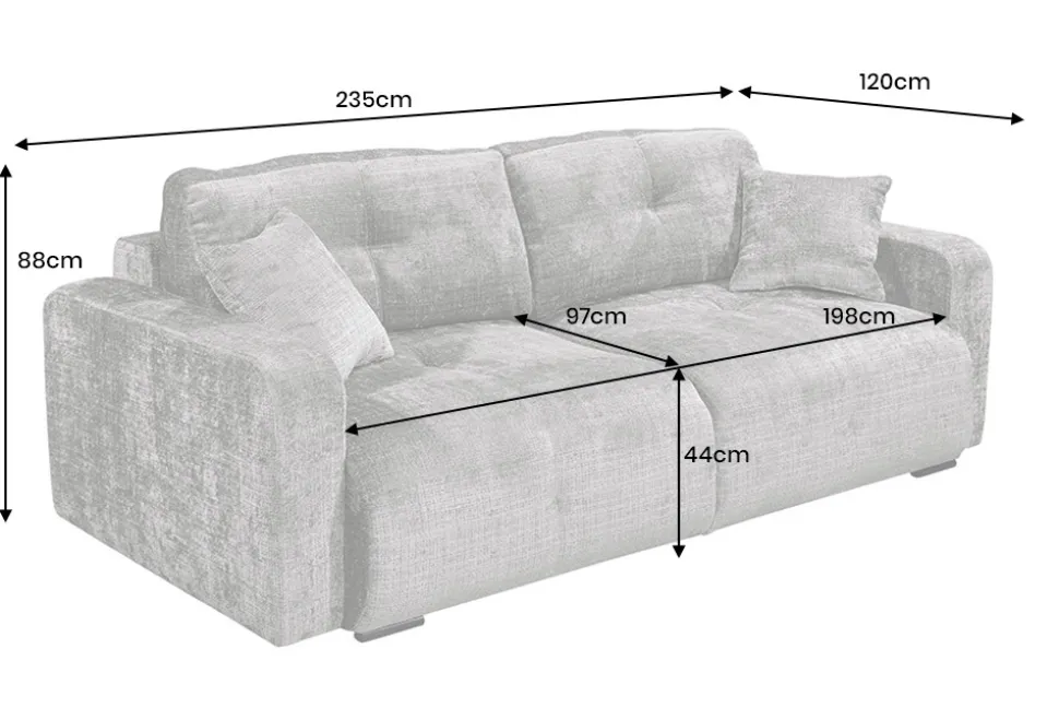 Modernes Schlafsofa DIAMOND 235cm silbergrau Chenille Cremona mit Stauraum 3-Sitzer