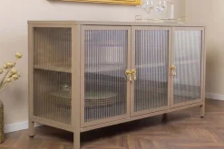 Modernes Sideboard AMSTERDAM 105cm greige gold Riffelglas Metall Vitrine Schrank