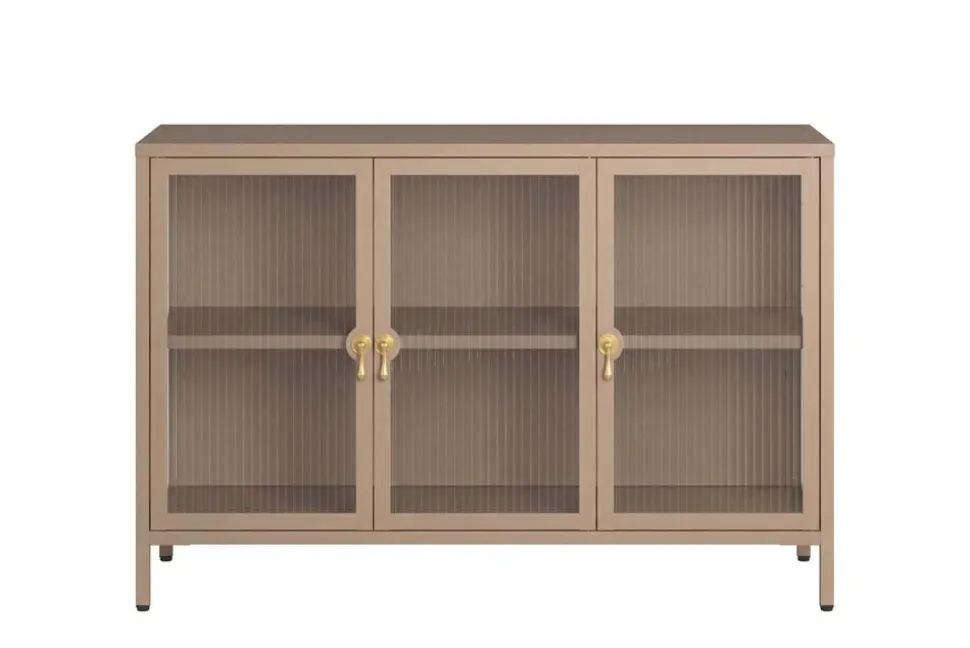 Modernes Sideboard AMSTERDAM 105cm greige gold Riffelglas Metall Vitrine Schrank
