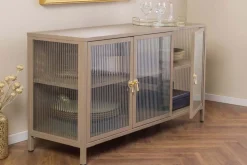 Modernes Sideboard AMSTERDAM 105cm greige gold Riffelglas Metall Vitrine Schrank
