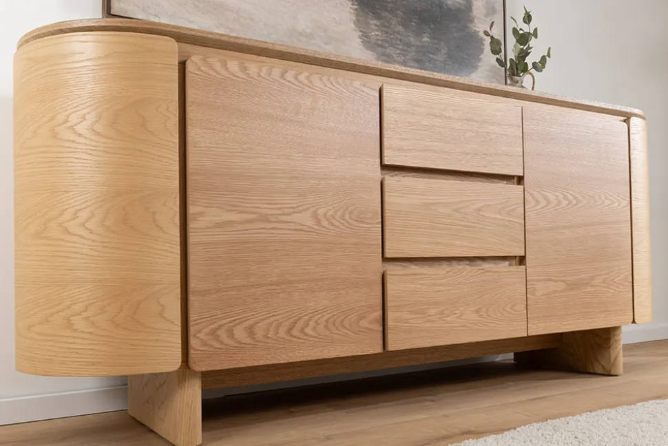 Modernes Sideboard OAK GRAIN 160cm natur Eichenholz vier Fächer mit drei Schubladen