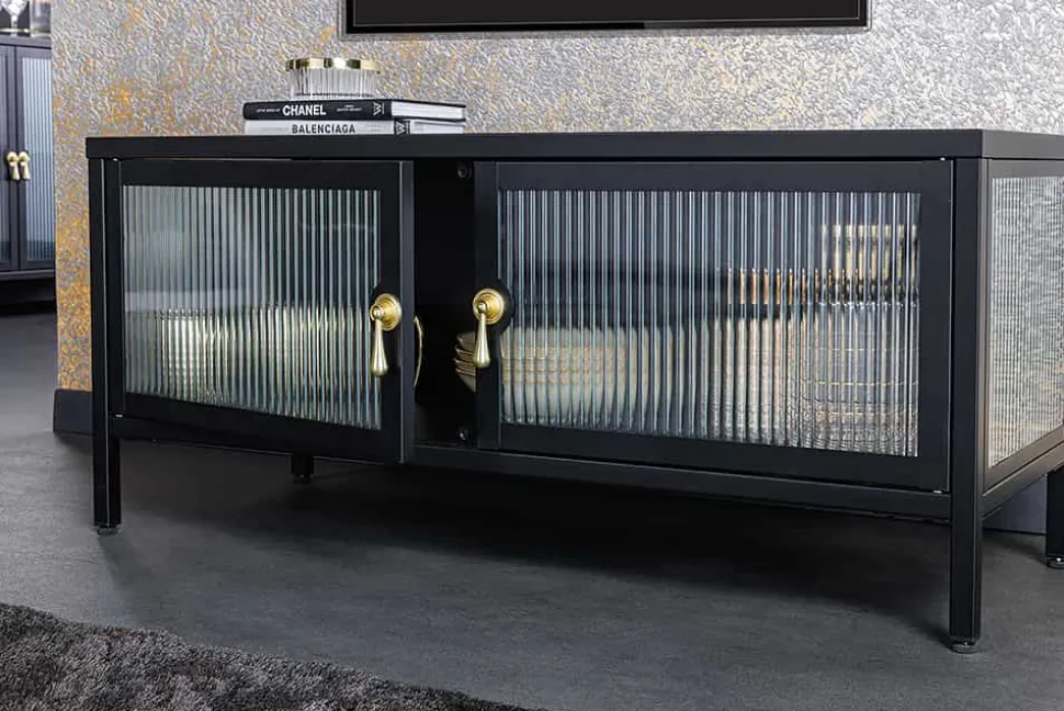 Modernes TV-Lowboard AMSTERDAM 90cm schwarz gold Riffelglas Metall Vitrine Schrank