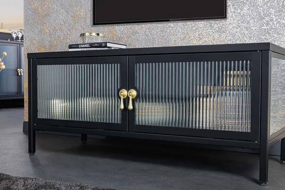 Modernes TV-Lowboard AMSTERDAM 90cm schwarz gold Riffelglas Metall Vitrine Schrank
