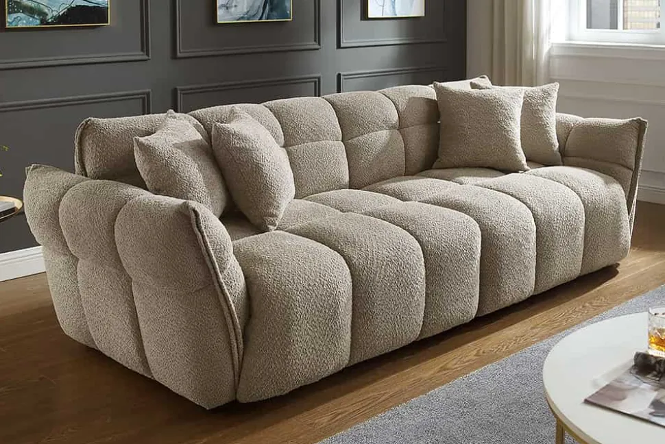 Modernes XXL Sofa CLOUD 260cm champagner greige Bouclé Bigsofa Federkern inkl. Kissen