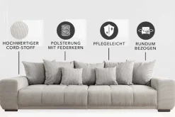 Modernes XXL Sofa ELEGANCIA 285cm champagner beige Cord inklusive Kissen Bigsofa