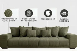 Modernes XXL Sofa ELEGANCIA 285cm grün Cord Federkern inklusive Kissen Bigsofa