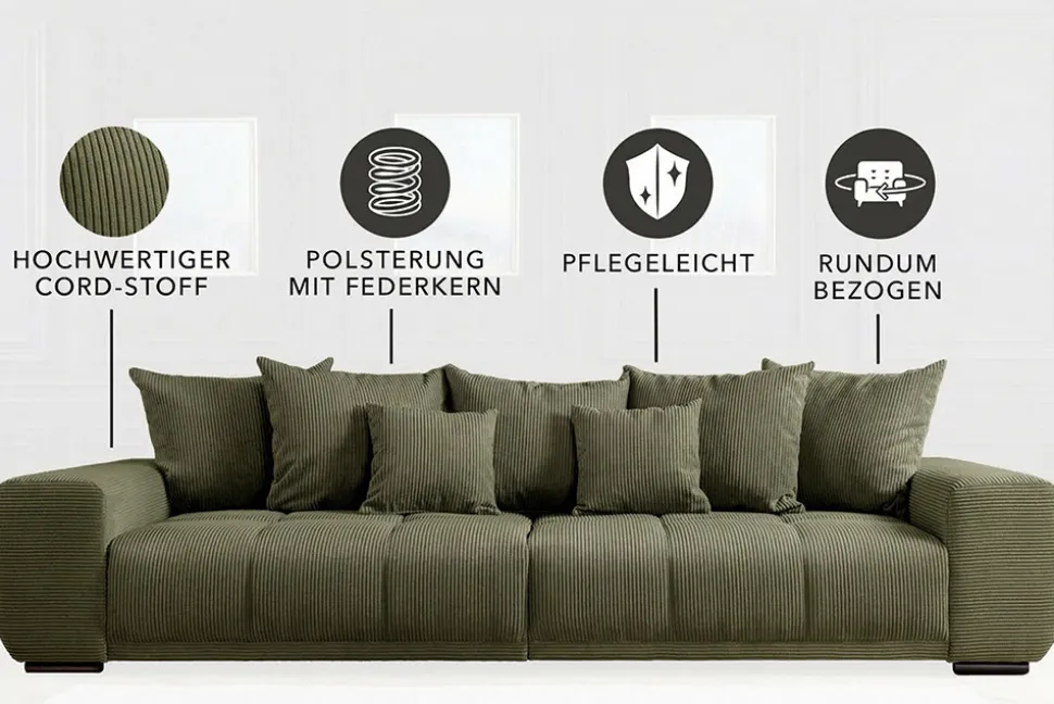 Modernes XXL Sofa ELEGANCIA 285cm grün Cord Federkern inklusive Kissen Bigsofa