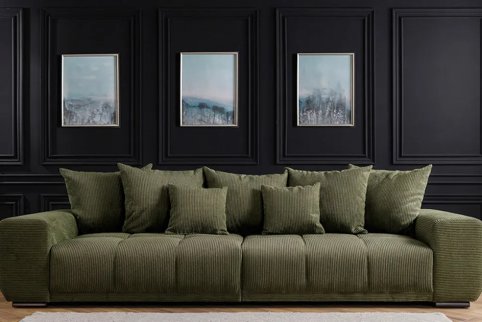 Modernes XXL Sofa ELEGANCIA 285cm grün Cord Federkern inklusive Kissen Bigsofa
