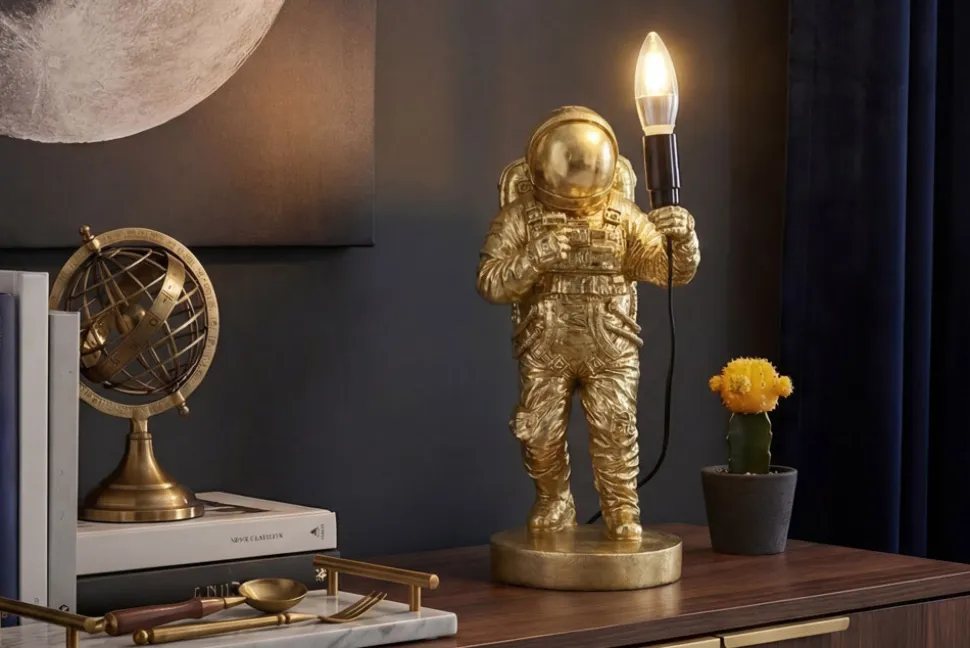 Moderne Tischlampe ASTRONAUT 40cm gold Skulptur handmade