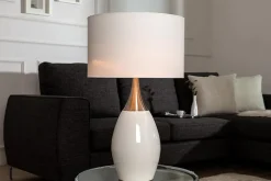 Moderne Tischlampe CARLA 60cm weiß silber mit Leinenschirm
